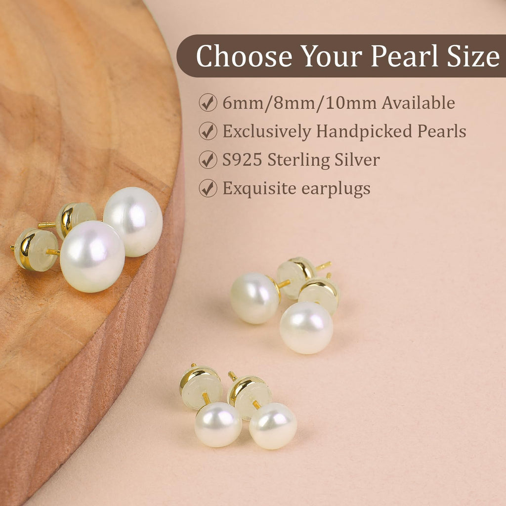 Freshwater Cultured Pearl Stud Earrings, 18K Gold Plated Sterling Silver