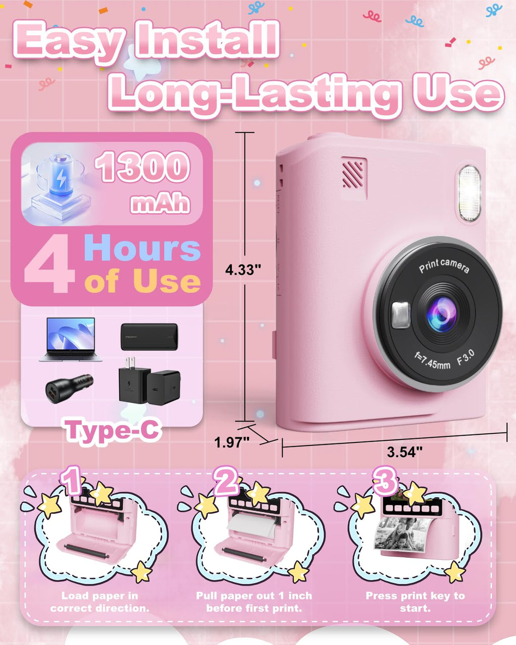 Instant Print Camera for Kids, 1080P Instant Digital Print Cameras for Toddler, Portable Toy for 4 5 6 7 8 9 10 Year Old Girl, Christmas Birthday Gifts for Girls Boys with SD Card Pink