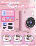 Instant Print Camera for Kids, 1080P Instant Digital Print Cameras for Toddler, Portable Toy for 4 5 6 7 8 9 10 Year Old Girl, Christmas Birthday Gifts for Girls Boys with SD Card Pink