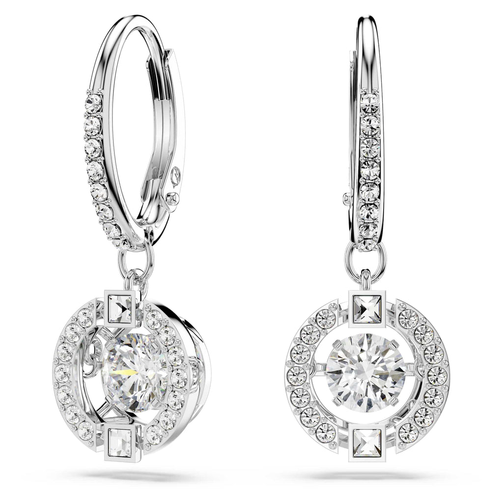 Swarovski Una Drop Pierced Earrings with Crystal Pavé Surrounding a Round, White Floating Stone on a Rhodium Finished Setting