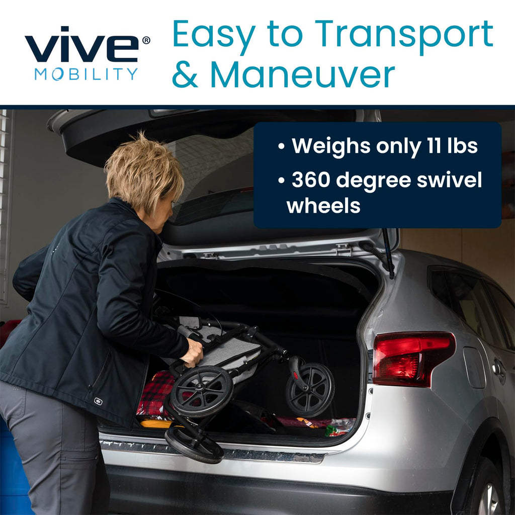 Vive Mobility 3 Wheel Walker - Three Wheeled Rollator for Seniors - Lightweight, Foldable, Narrow, Heavy Duty - for Elderly Men Women - Folding 3-Wheel Tri Scooter with Basket Bag