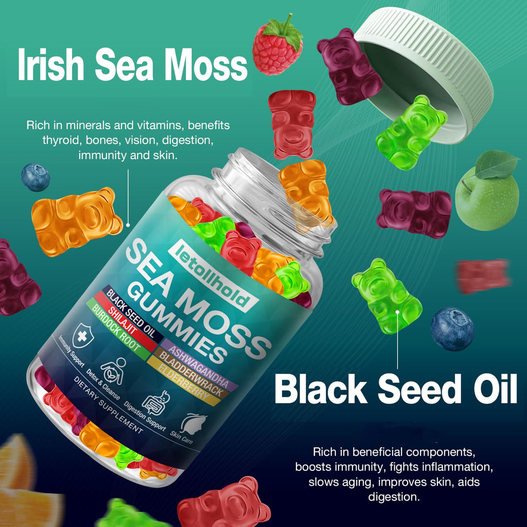 Sea Moss Gummies - Irish Sea Moss Gummies Advanced for Adults with Ashwagandha Bladderwrack & Burdock Root for Supports Immune，Energy - 60 Vegan Gummy,4PCS