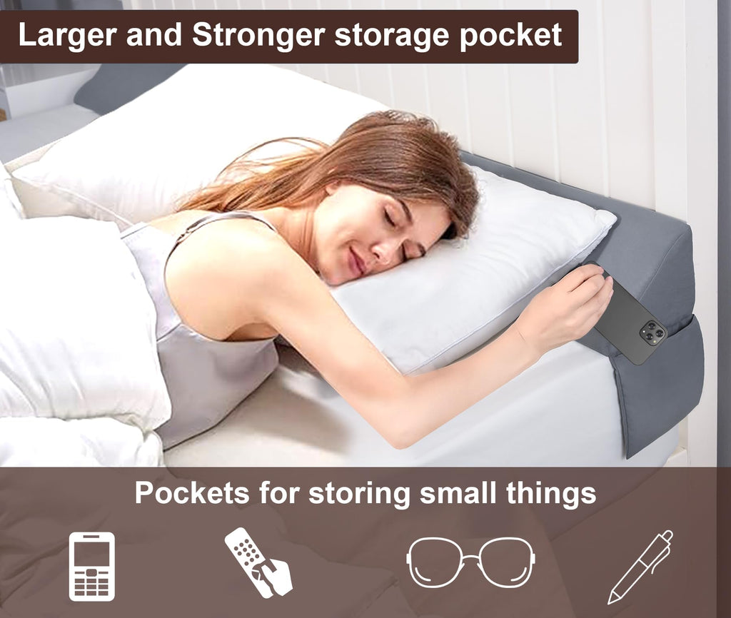 Vekkia Queen Bed Wedge Pillow/Headboard Pillow for Headboard Gap,Bed Gap Filler to Close Gap (0-3.5"),with Handy Pockets and Washable Cover- Grey