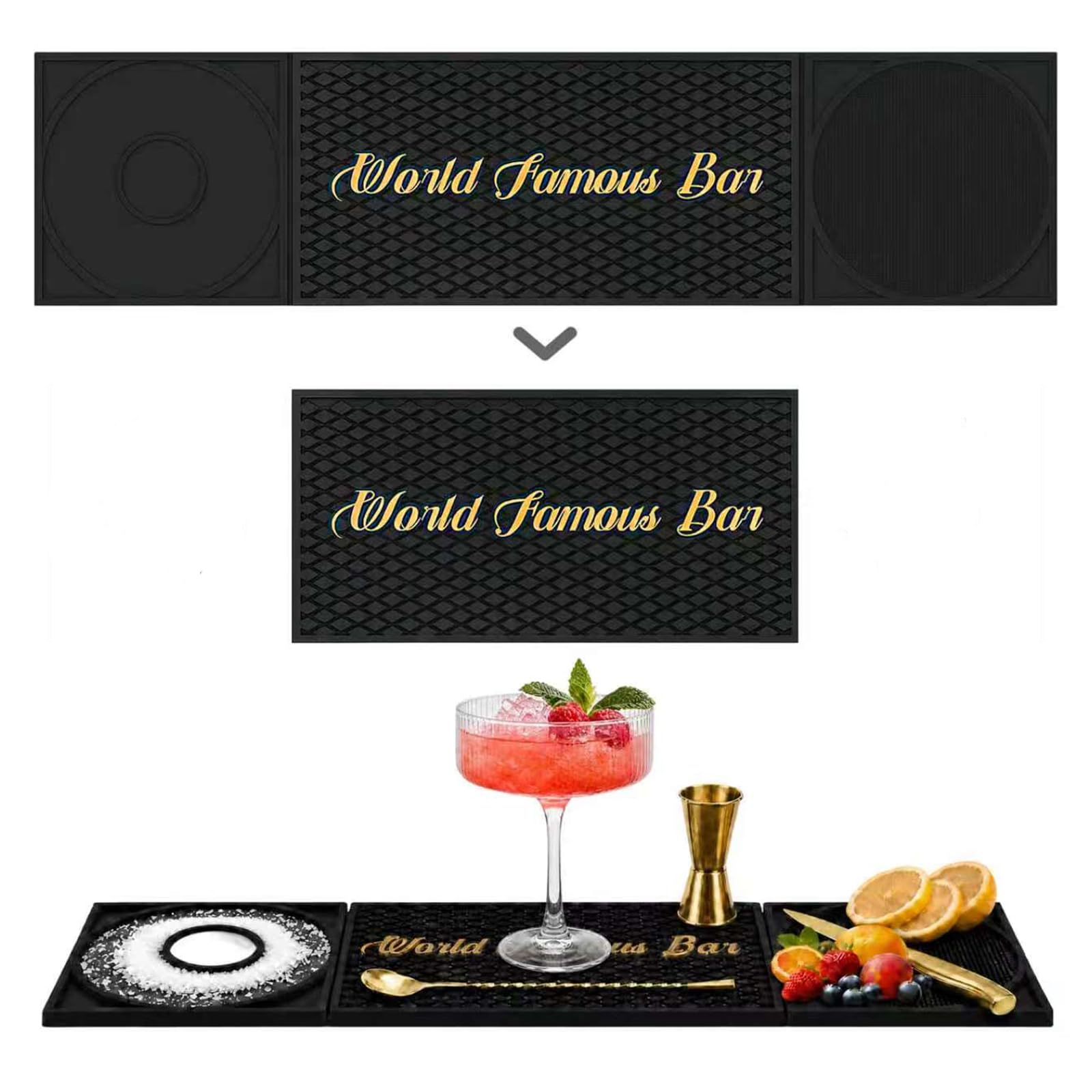 Bar Mat 3-in-1 Non-Slip Bartender Mat, Bar Accessories Countertop Mat 24 x 6 Inch with Spill Catching Surface, Bar Drip Mat for Home, Outdoor & RV Bar Setup（Black）