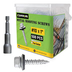 CAMNWAMN 500 Pcs, #10 x 1 Inch Hex Head Metal Roofing Screws, Zinc Plated Sharp Point Sheet Metal Roof Screw with Rubber Washer, Self Tapping Metal to Wood Siding Screws, Hex Socket Included