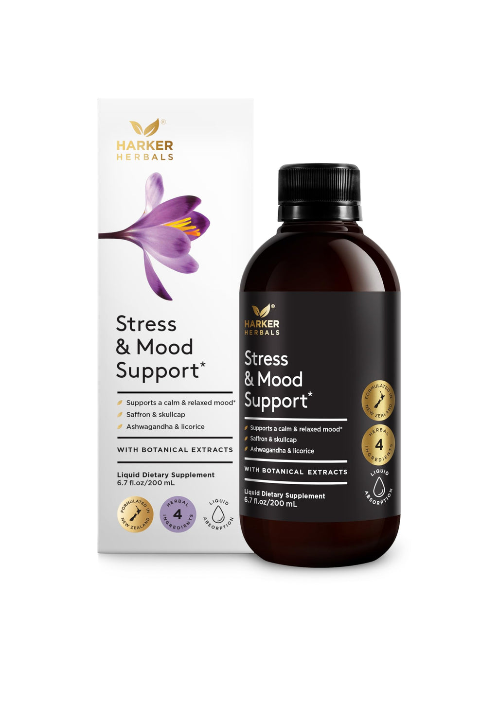 Harker Herbals Stress & Mood Syrup Supplement, Supports Relaxation and Nervousness, with Ashwagandha, Saffron, Skullcap, and Licorice Root - 6.7oz