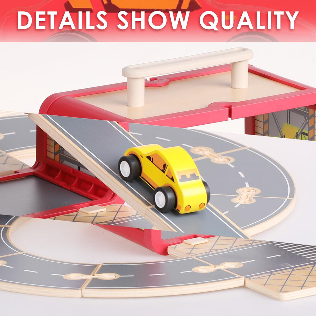 UDEAS Wooden Toy Car Set for Toddlers, Car Track and Parking Garage Playset, Toy Vehivle Set with Blocks Storage Box for Kids Boys and Girls