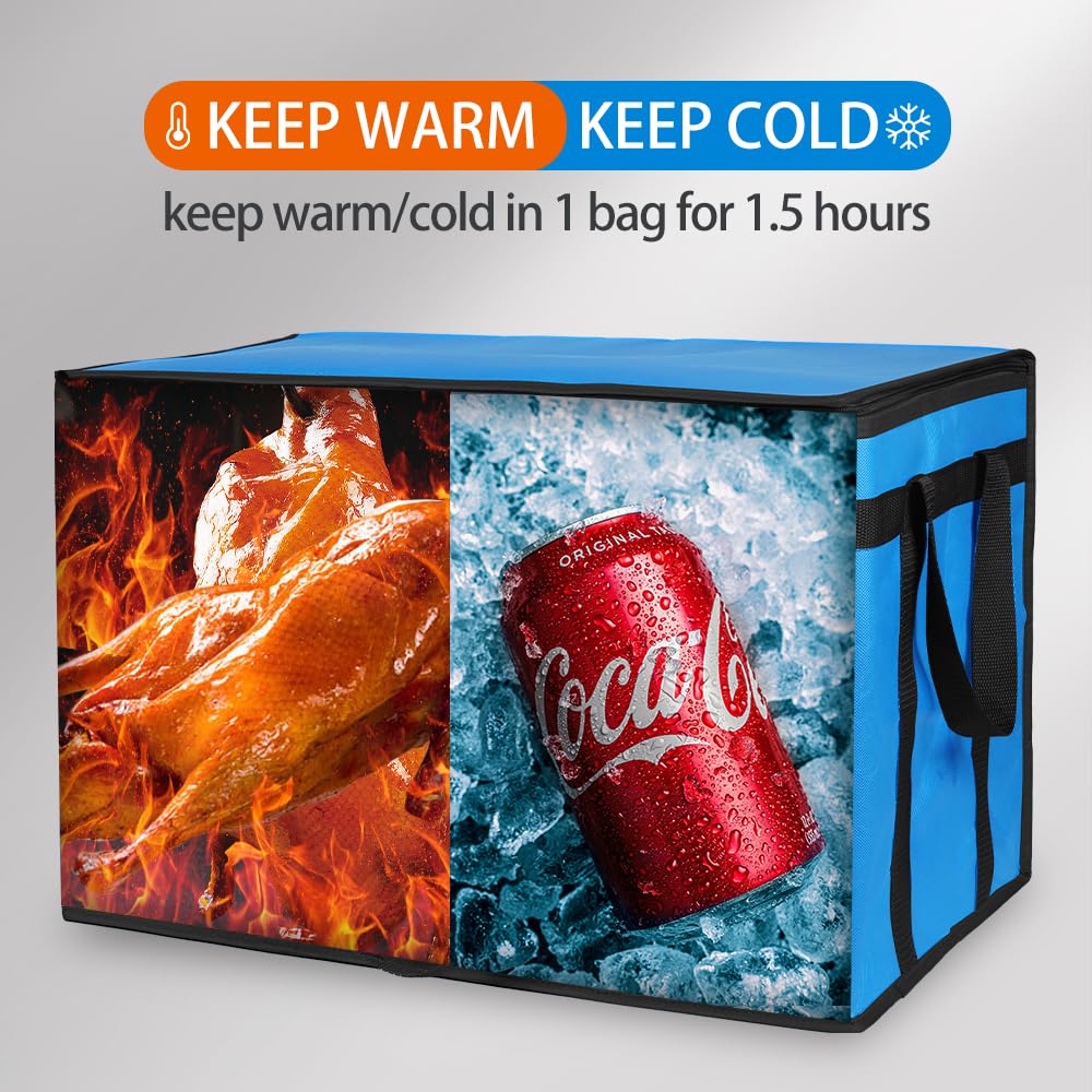 Bodaon 2PK Cooler Insulated Food Delivery Bag for Delivery Drivers, XXX-Large Thermal Bags for Catering/Hot Pizza, Travel/Camping/Picnic Basket，Grocery Reusable Warmer Frozen Essentials(Black +Blue)
