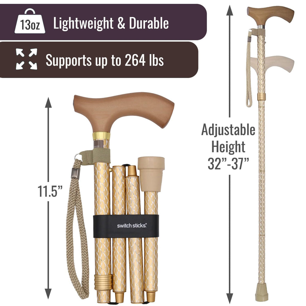 Switch Sticks Folding Walking Cane For Women & Men - Adjustable 32-37 In, Lightweight With Ergonomic Wood Handle, Slip-Resistant Rubber Tip Supports 264 Lbs - Canes For Women For Stability (FSA/HSA)