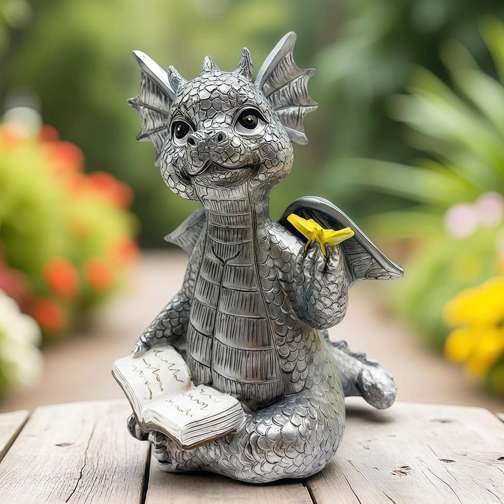 JARPSIRY Cute Dragon Reading Book Statue, 5.9-Inch Tall Dinosaur Holding Butterfly Figurines Art Resin Sculpture Outdoor Garden Decor Home Desk Ornaments