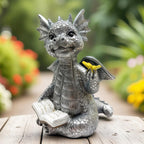 JARPSIRY Cute Dragon Reading Book Statue, 5.9-Inch Tall Dinosaur Holding Butterfly Figurines Art Resin Sculpture Outdoor Garden Decor Home Desk Ornaments