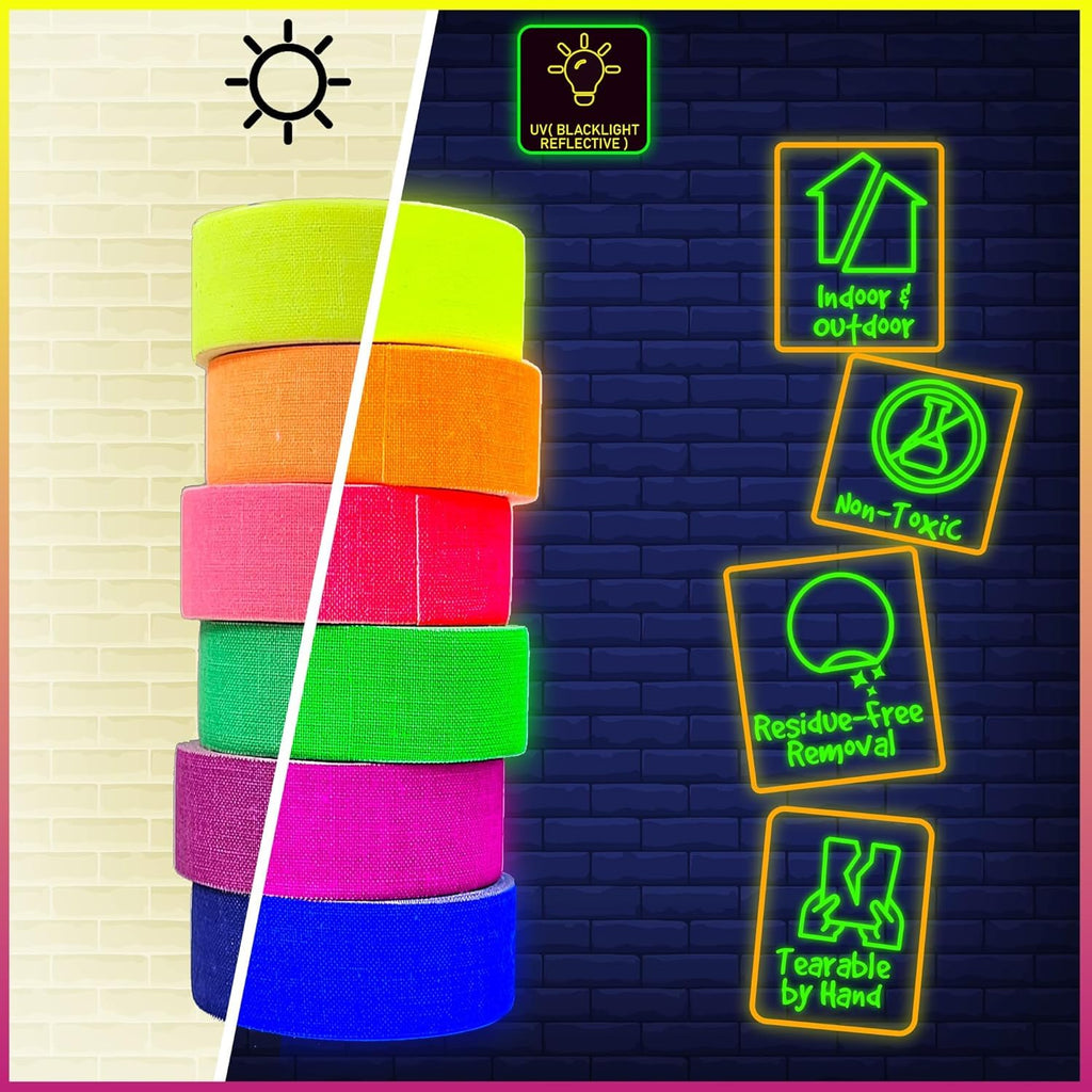 D-Xam 6-Pack Neon Gaffer Tape - 0.6 or 1 inch UV Blacklight Reactive Glow in The Dark Tape, Best for Parties, Dance Floors, Theaters & DIY Projects - 6 Vibrant Colors (1 inch x 15 feet)