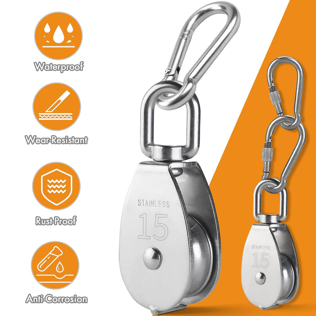 LAIWOO M25 Stainless Steel Pulley System Kit-Heavy-Duty Pulley Wheel, Pulley Block with Nylon Rope, Hooks, Eye Pad Plate, and Rope Cleat - Ideal for Lifting, DIY Projects, and Clothesline (2 Pack)