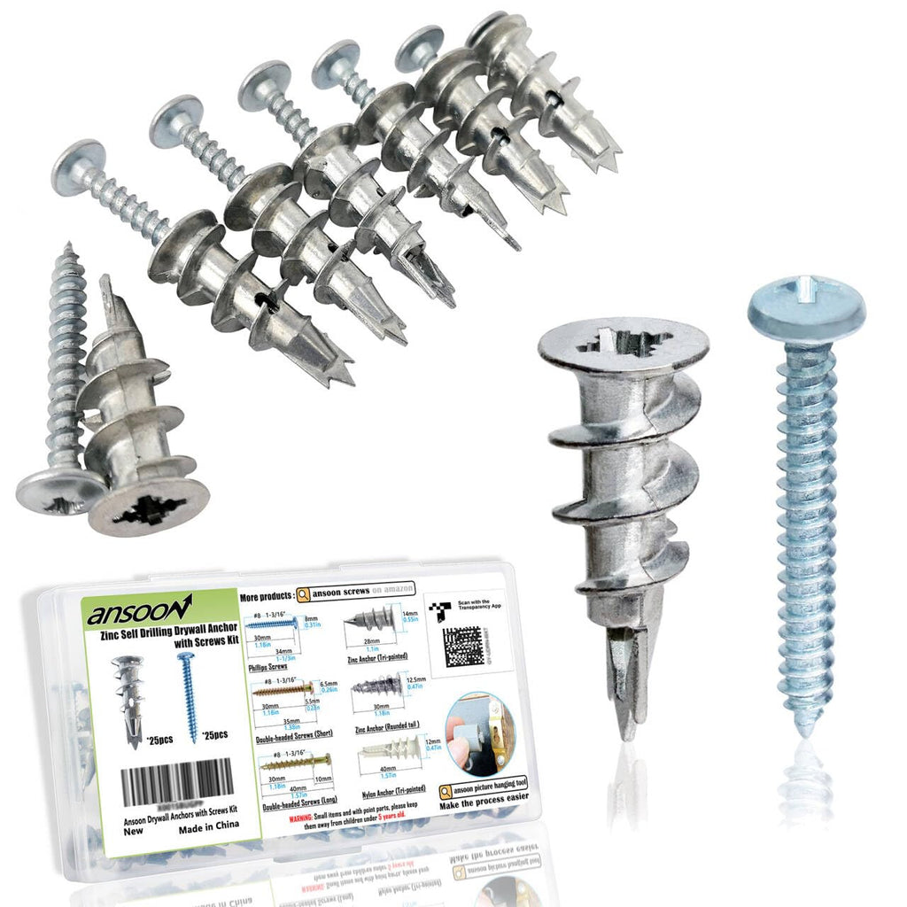 Ansoon 50Pcs Metal Self Drilling Drywall Anchors Heavy Duty with Screws Kit