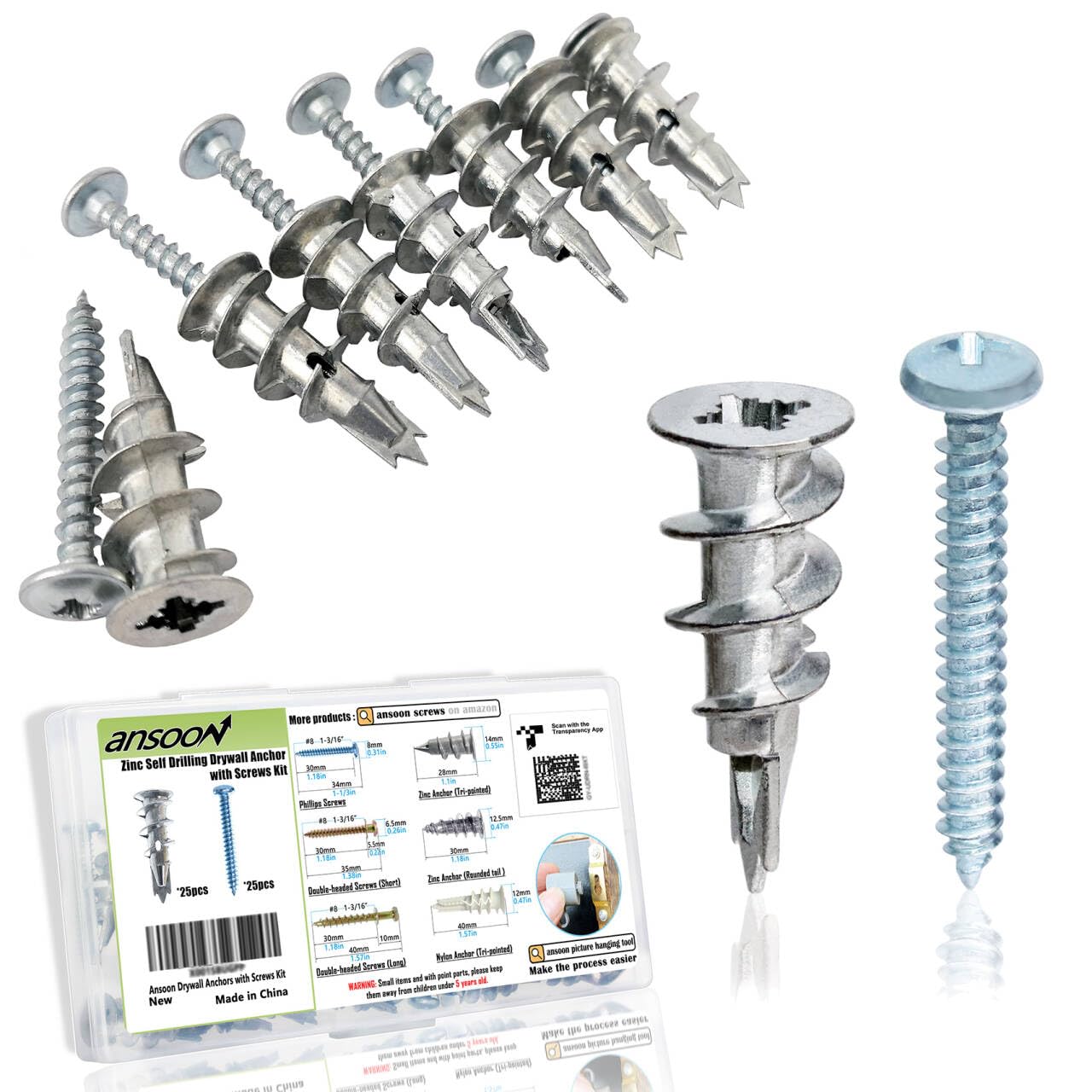 Ansoon 50Pcs Metal Self Drilling Drywall Anchors Heavy Duty with Screws Kit
