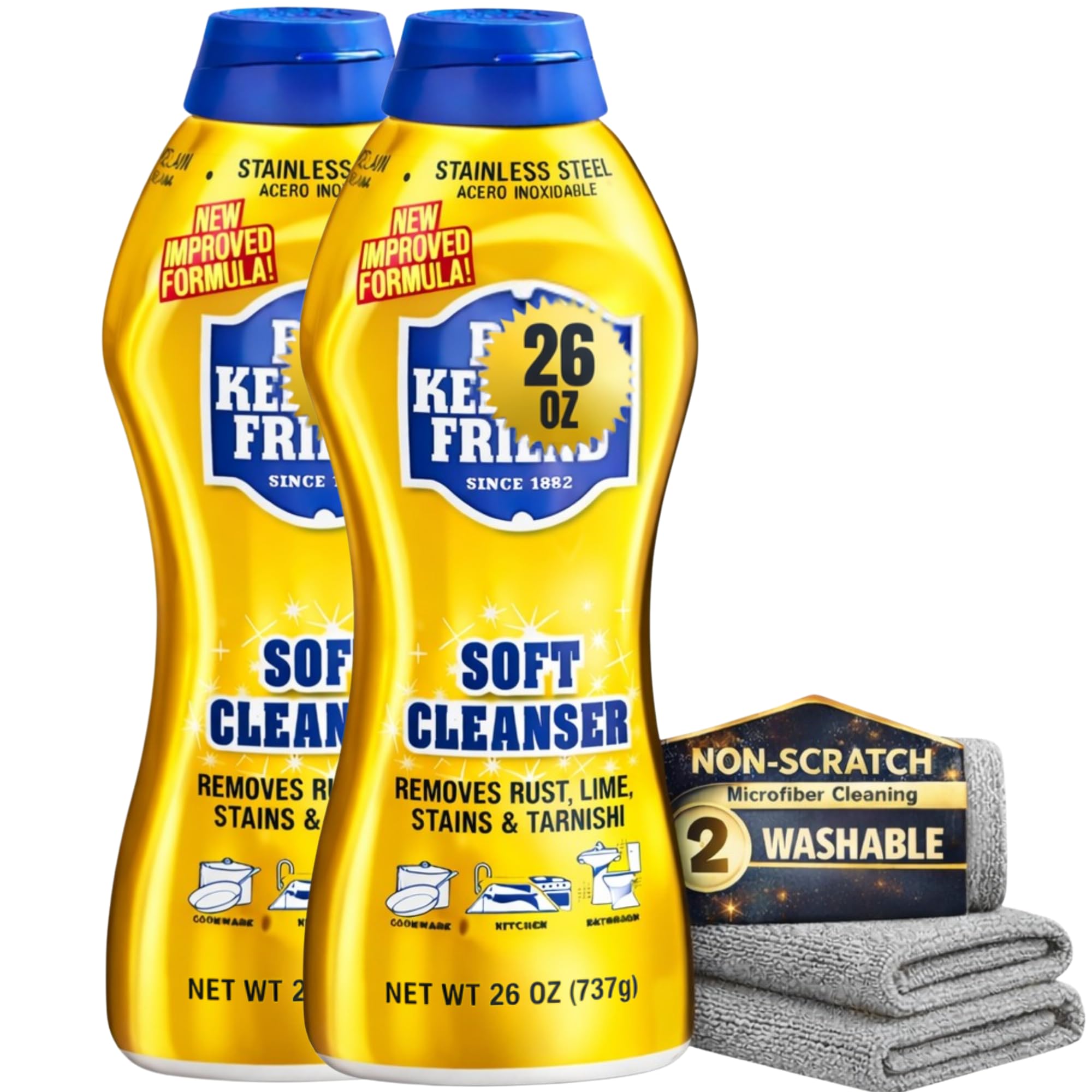 Bar_Keeper_Friend Soft Cleanser 52 oz (2 × 26 oz) + 2 Professional Microfiber Cleaning Cloth 12” x 12” | Home Cleaning Supplies Kit | ULTIMATE CLEANING KIT | By R&C Store