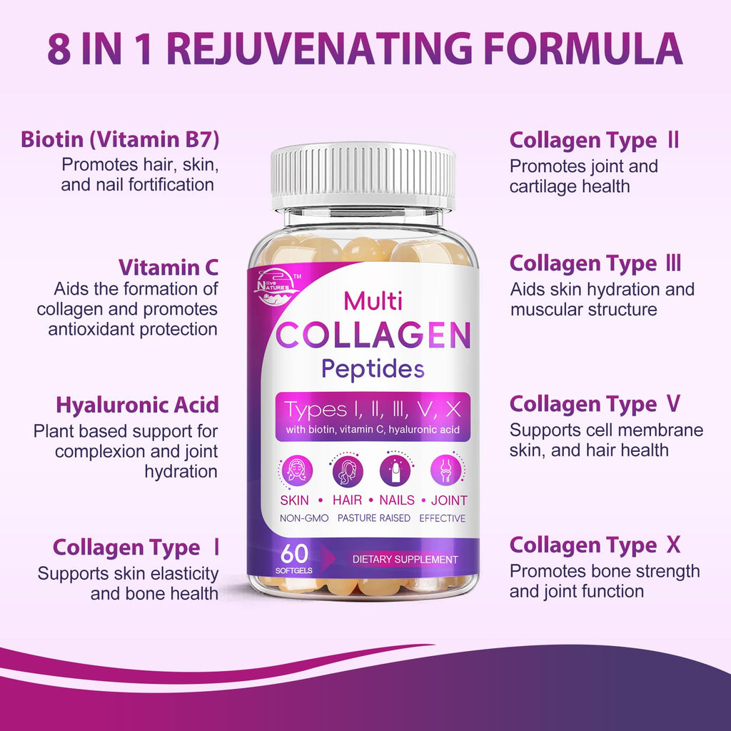 Multi Collagen Peptides Softgel - Type I, II, III, V, X - Hydrolyzed Collagen Peptides with Biotin, Vitamin C, Hyaluronic Acid, Supports Skin Hair Nail, Grass-Fed, Non-GMO, 60 Softgel, 1 Pack