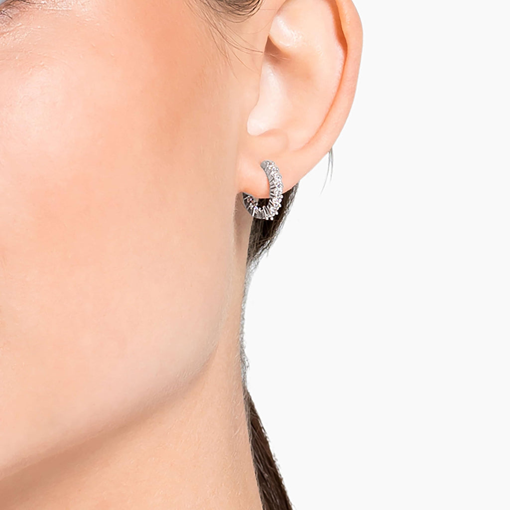 Swarovski Matrix Vittore Mini Hoop Pierced Earrings with White Circle Cut Crystal on a Rhodium Plated Setting with a Hinged Closure