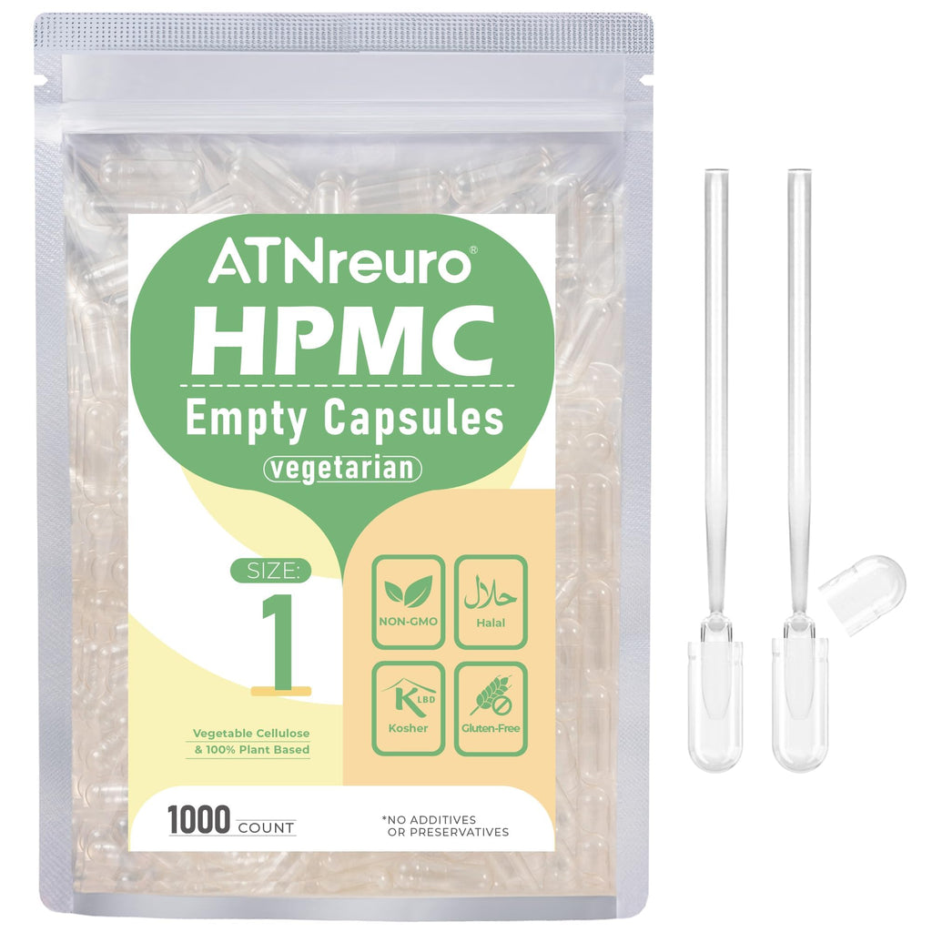 ATNreuro Size 1 Empty Vegan Capsules with 2 Micro Spoons - 1000 Count Empty Vegetarian Capsules - Empty Pill Capsules for Powders Supplements