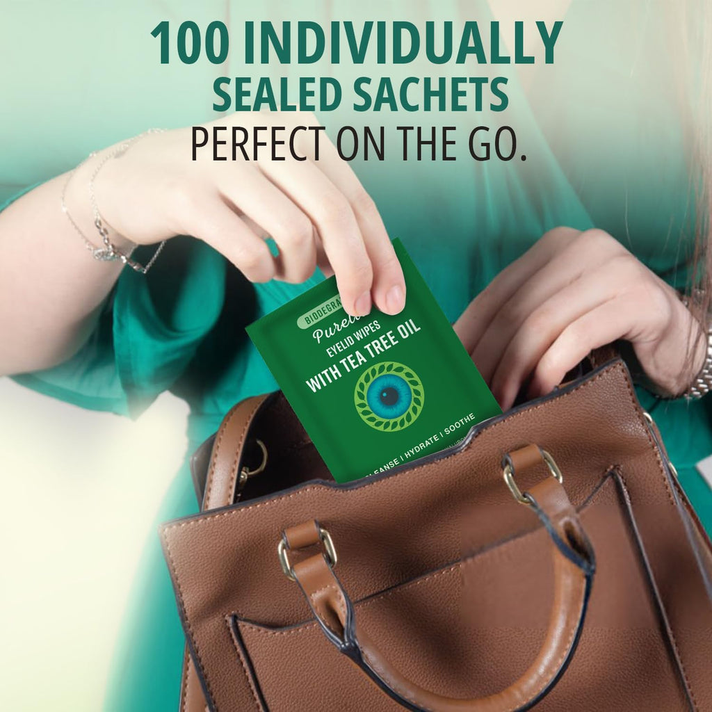 PURELID 100PCs Tea Tree Eyelid Wipes – Cleaning Eye Wipes for People with Dry Eyes & Allergies – Gentle Eyelid Cleanser with Hyaluronic Acid, Chamomile and Aloe – Individually Wrapped & Biodegradable