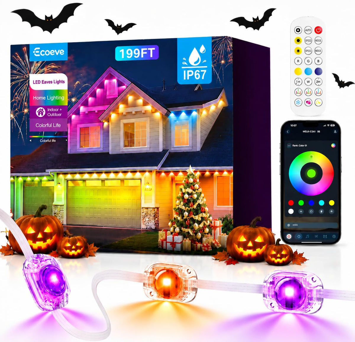 Ecoeve Permanent Outdoor Lights for House, 199ft Christmas RGB+IC Lights
