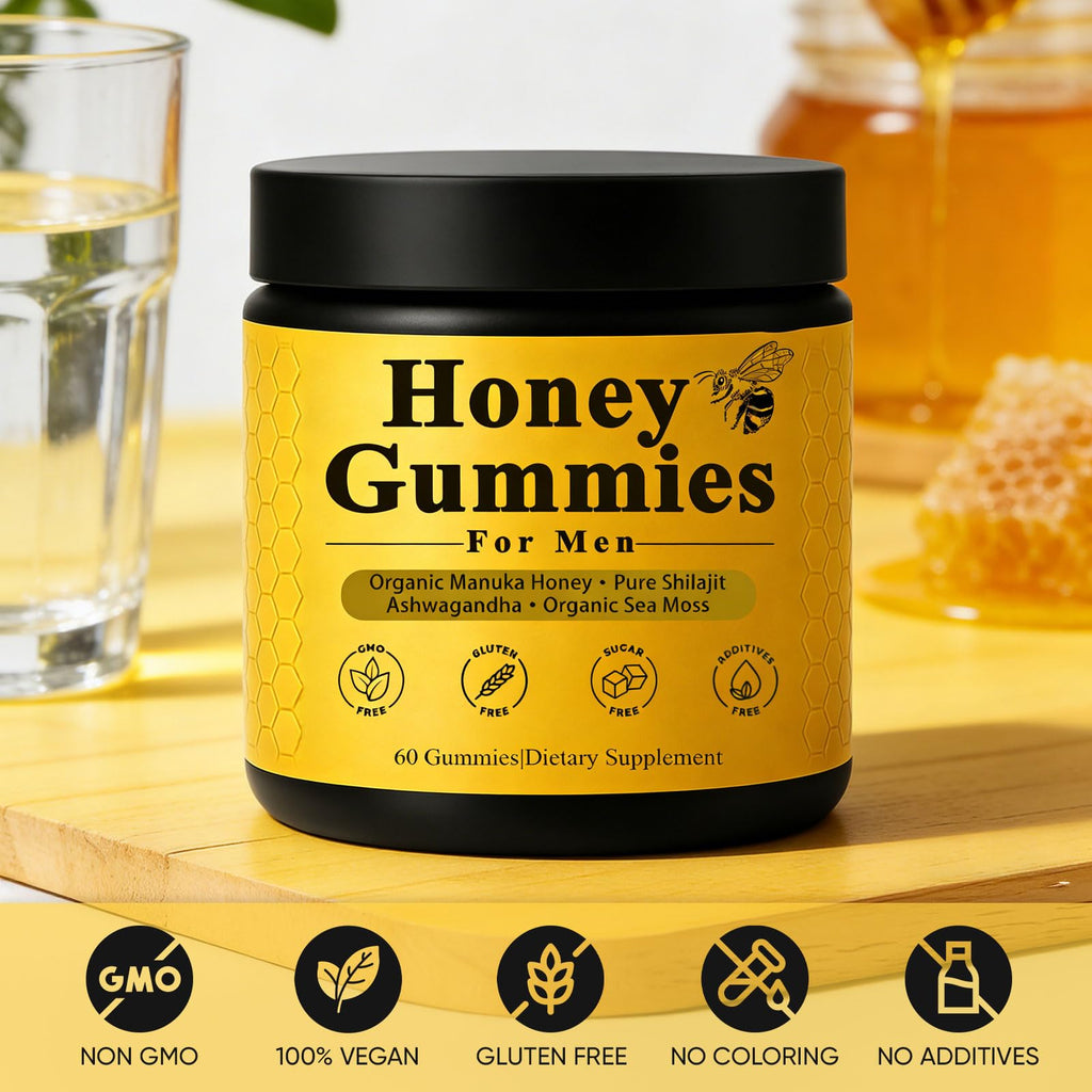 Dotkara Honey Gummies for Men, Vitality Booster Manuka Honey Gummies, with Shilajit, Ashwagandha, Sea Moss, Improves Endurance, Lowers Cortisol, Reduces Fatigue, Vegan, Non-GMO (60 Gummies) (1)