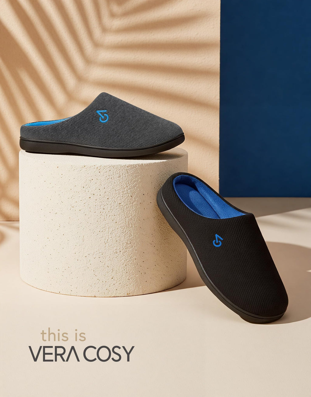 VeraCosy Men's Two-Tone Cozy House Slippers Dark Gray/Blue, 11-12 US