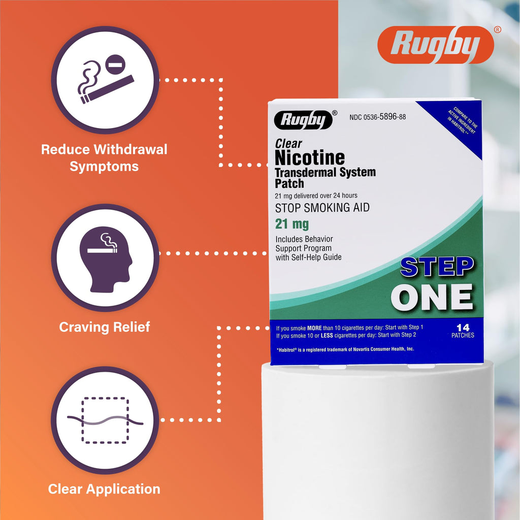 Rugby Clear Nicotine Patches - 21mg Transdermal System Patch - Smoking or Vaping Quitting Aid - Step 1 - 14 Count (1 Pack)