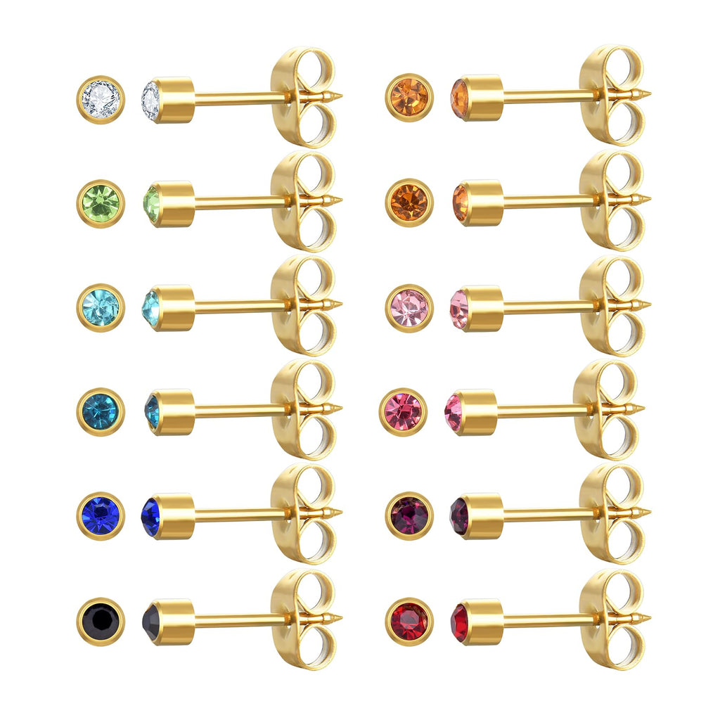 JMLOON 12 Pairs Ear Piercing Stud Earrings, Surgical Stainless Steel Multicolor Cubic Zirconia Birthstone Stud Earrings for Ear Piercing Guns (Gold 4mm)