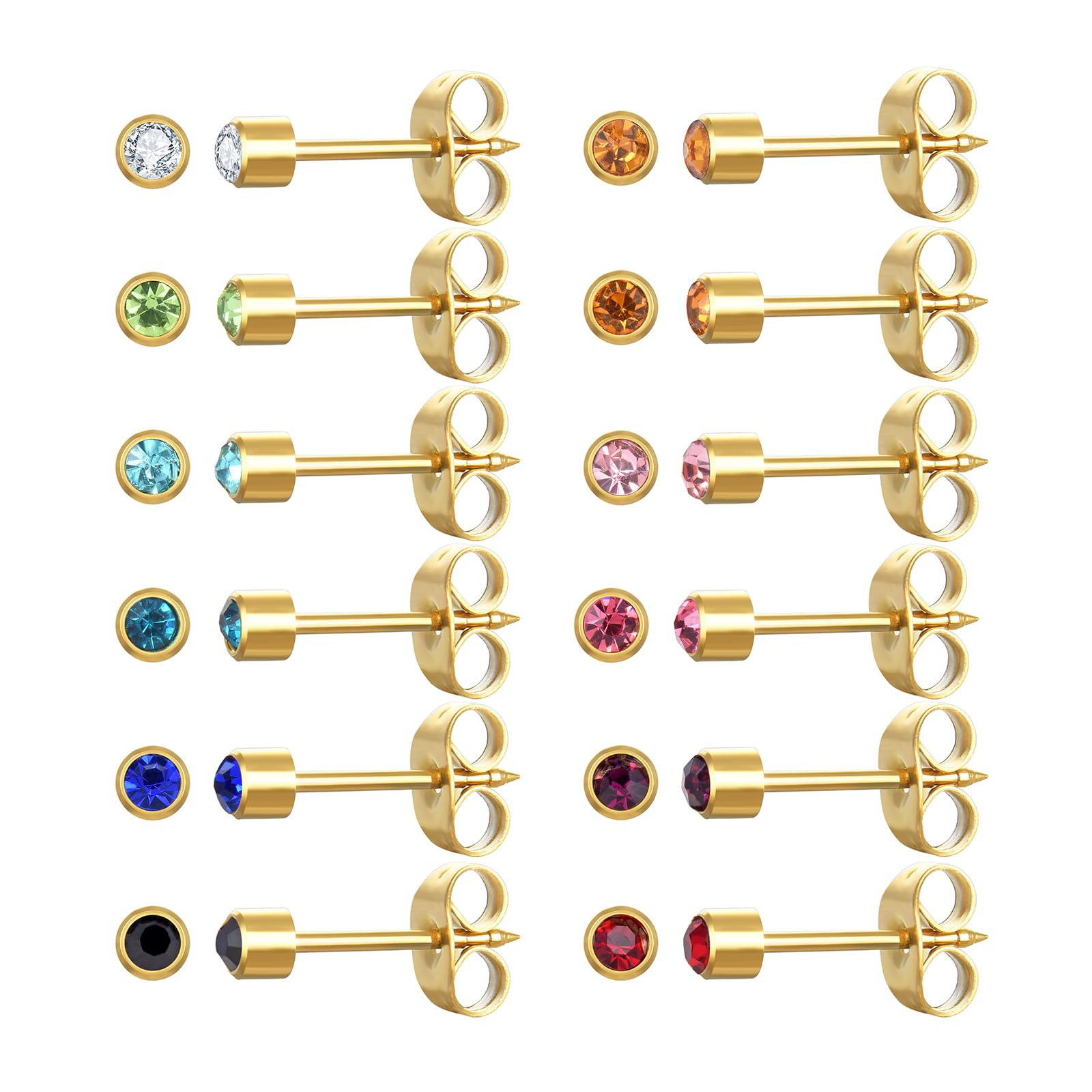 JMLOON 12 Pairs Ear Piercing Stud Earrings, Surgical Stainless Steel Multicolor Cubic Zirconia Birthstone Stud Earrings for Ear Piercing Guns (Gold 4mm)