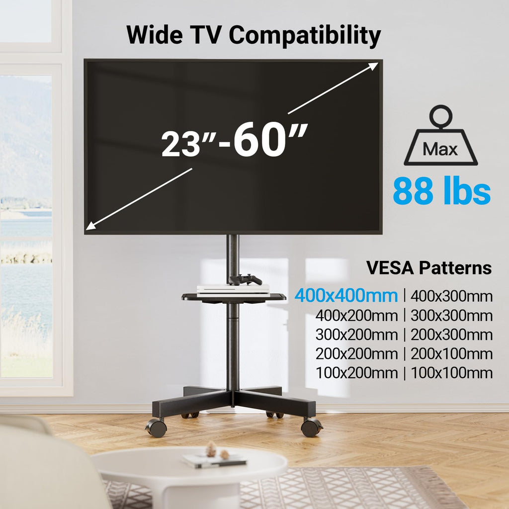 PERLESMITH Rolling TV Stand, Mobile TV Stands for 23-65 Inch LCD LED TVs, Tilt TV Stand Wheels Holds up to 88Lbs, Portable Outdoor TV Cart for Bedroom with Shelf, Max VESA 400x400mm PSTVMC06