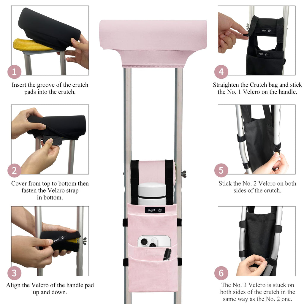 SPRING SEAON Crutches Padding & Crutch Bag (5 PCS) - Crutch Pads for Armpits and Hand Grips Water-Resistant Pouch for Crutches Crutch Cushions Crutches Accessories for Kids, Men, Women Pink