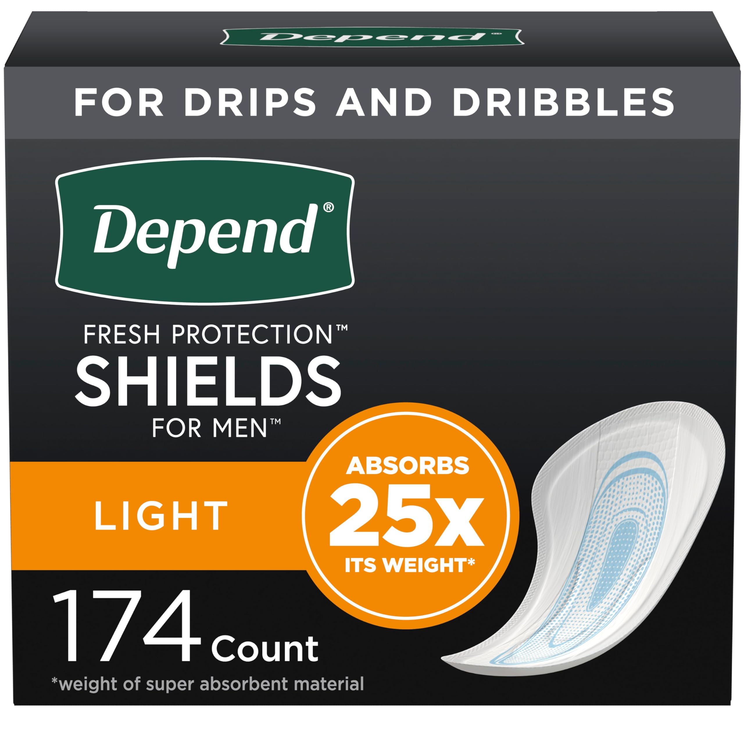 Depend Incontinence/Bladder Control Shields, Pads for Men, Light Absorbency, 174 Count (3 Packs of 58) (Packaging May Vary)