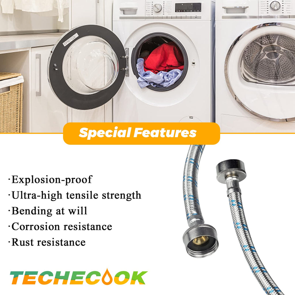 4ft Premium Stainless Steel Washing Machine Hoses Burst Proof 2 Pack by Techecook - Hot and Cold Water Supply Hoses for ALL Washer - 10 YEARS WARRANTY