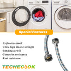 4ft Premium Stainless Steel Washing Machine Hoses Burst Proof 2 Pack by Techecook - Hot and Cold Water Supply Hoses for ALL Washer - 10 YEARS WARRANTY