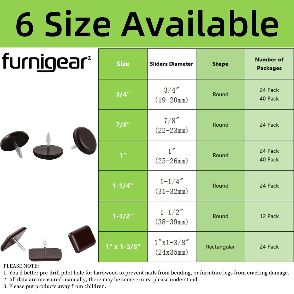 Furniture Glides Sliders-Furnigear PTFE (Teflon) Chair Leg Movers Sliders for Carpet Surface - Move Your Furniture Easy & Safely - Best Floor Protector (7/8" Nail, Brown-24 Pack, not for Wood Floors)