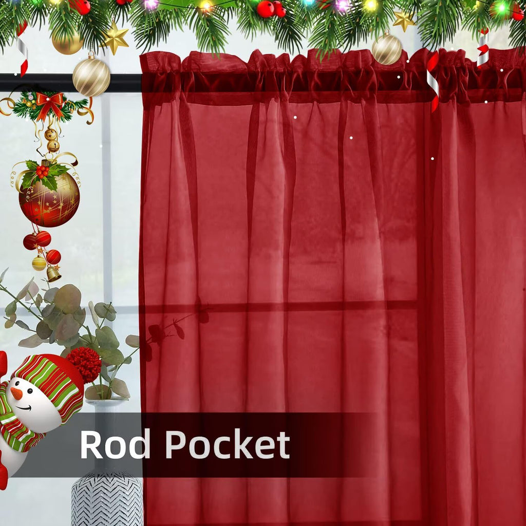 youleyar Solid Sheer Rod Pocket Curtain Voile Draperies 4 Panels White Beige Black Grey Ivory 52 Inch Width 96 Inch Long 1 Pair for Kitchen Bedroom Children Living Room Yard(Christmas Red,52 W���96 L)