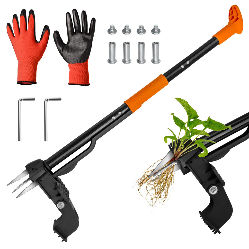Weed Puller Tool,4-Claw Heavy Duty Gardening Stand-Up Weeder Puller,Ergonomic Long Handle,3 High-Strength Stainless Steel Claws for Lawn Garden,Crabgrass,Dandelion,Thistle (Include gloves)