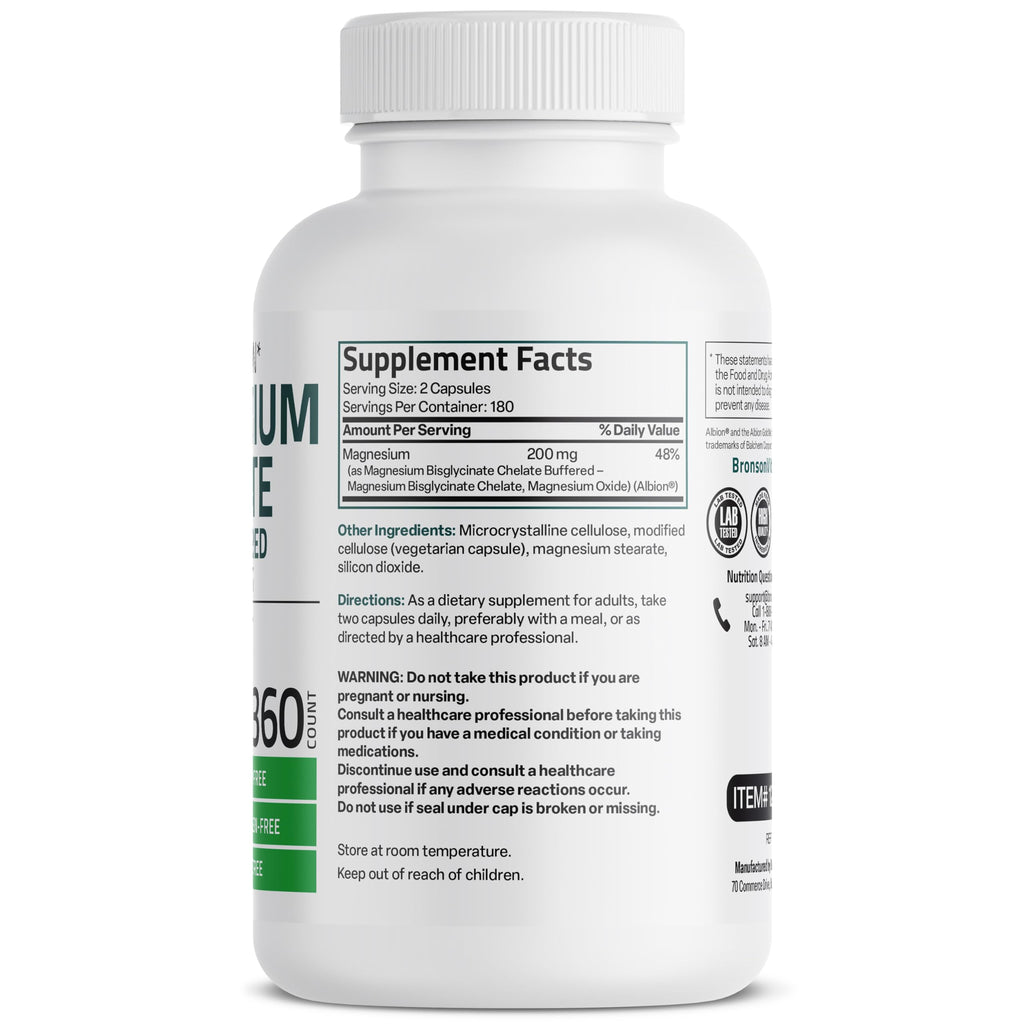 Bronson Magnesium Glycinate 200 MG per Serving Chelated for High Absorption, Gentle On Stomach, Non-GMO, 360 Vegetarian Capsules