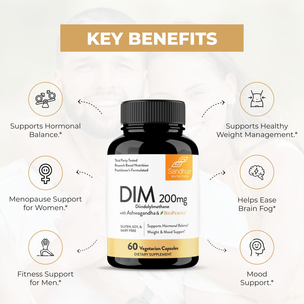 Sandhu's DIM Supplement 200 mg - 60 Capsules - Diindolymethane with Ashwagandha & Bioperine Hormone Balance for Women & Men, Hormonal Acne Supplements