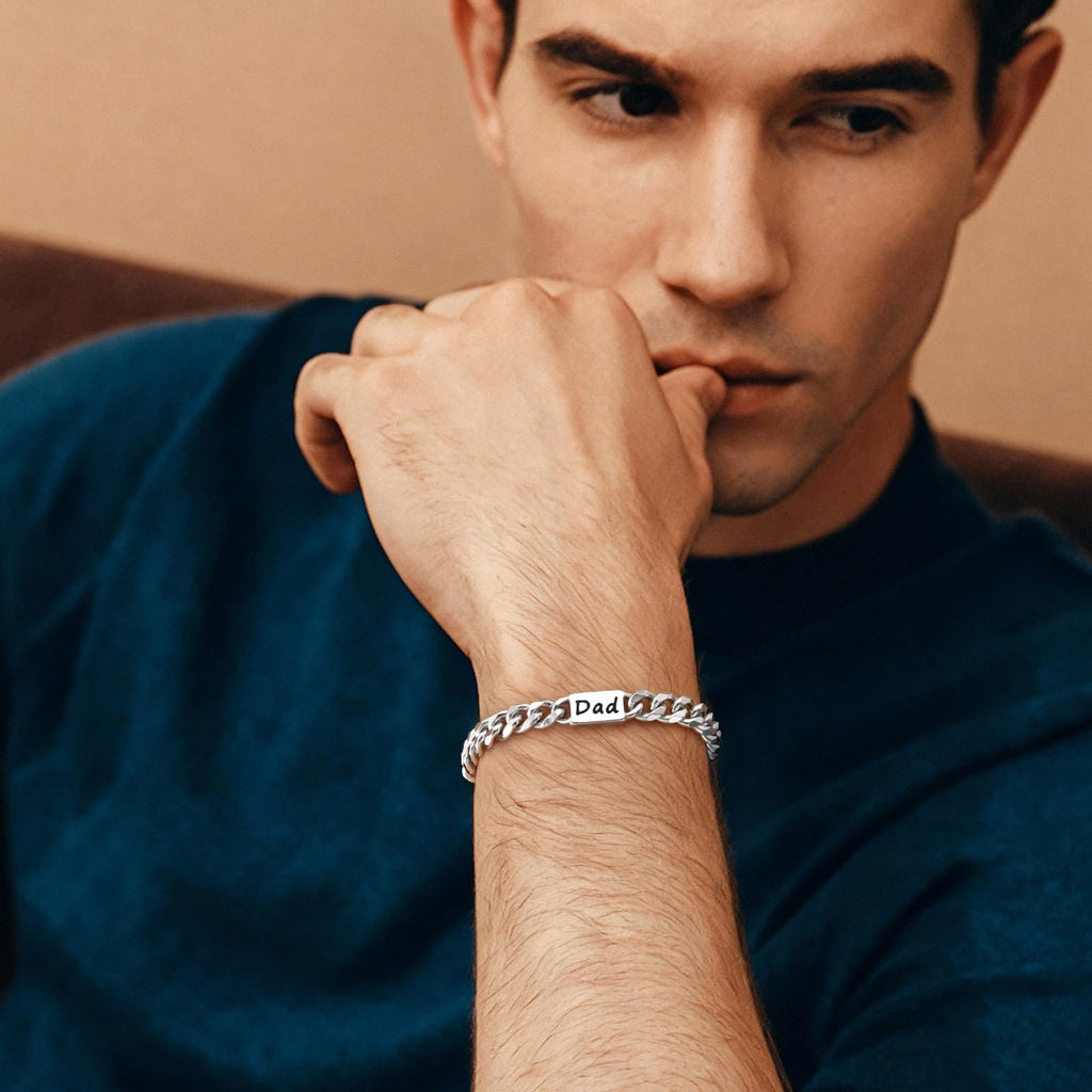 Fathers Day Gift Bracelet for Dad - Stainless Steel Cuban Chain Link Bracelet Gifts for Men Dad from Son Daughter Classic Hip Hop Anniversary Personalized FatherJewelry Gifts for Him Husband Boyfriend