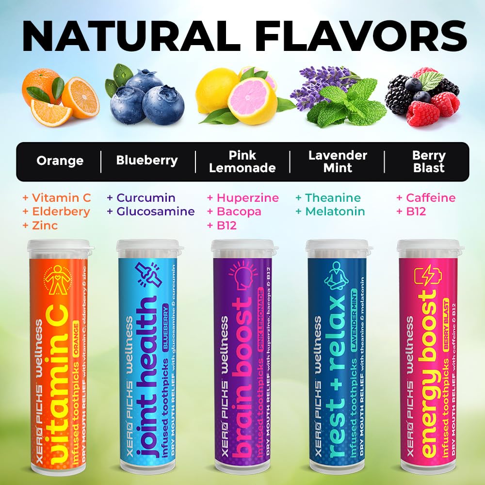 Xero Picks Wellness Flavored Toothpicks - Brain Boost, Immunity, Rest & Relax, Joint Health, and Energy Boost - 100 Picks (Variety, 5 Pack) Kosher - Sugar Free