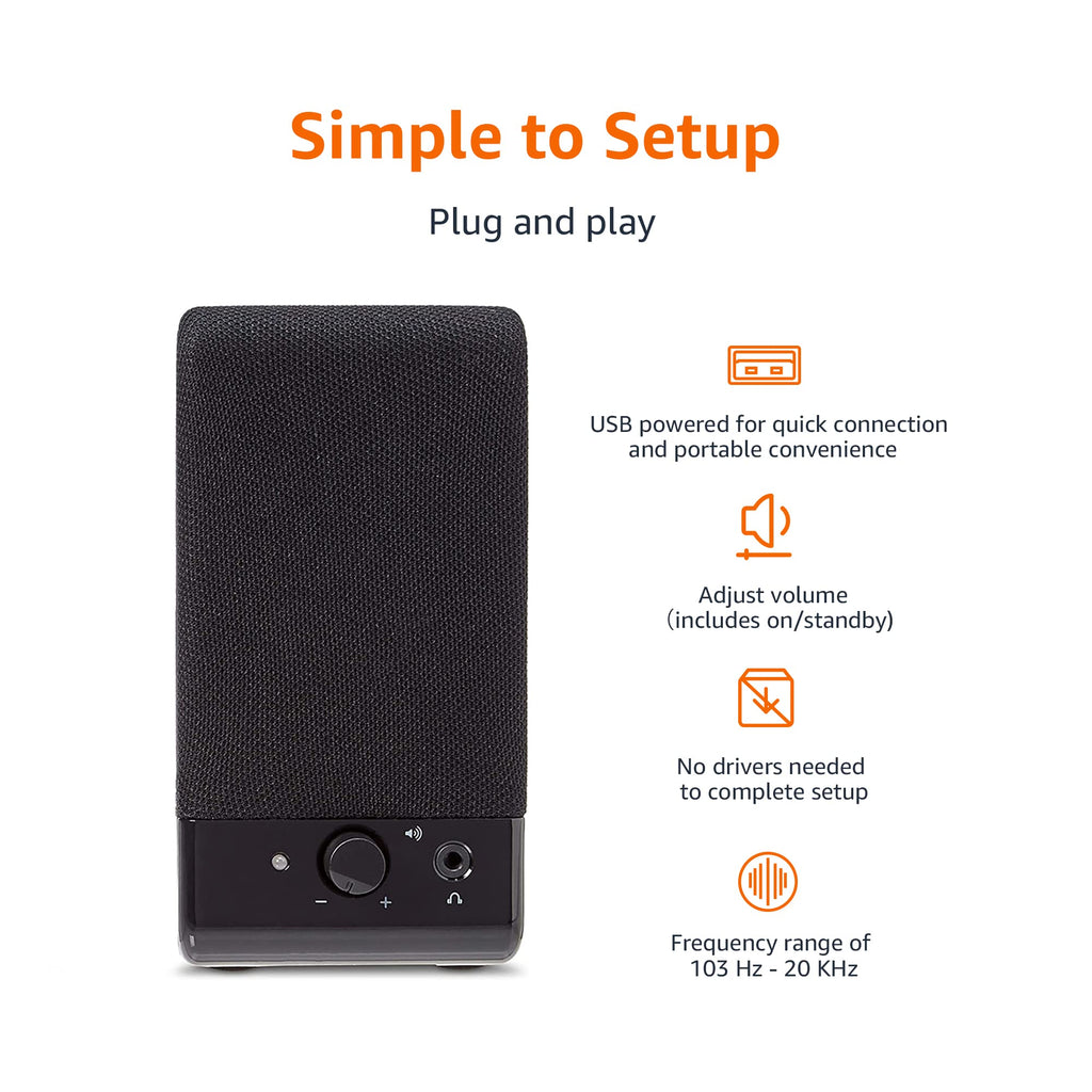 Amazon Basics USB-Powered Computer Speakers with Volume Control for Desktop or Laptop PC, Compact Size, Headphone Jack, Portable, Plug-N-Play, Black