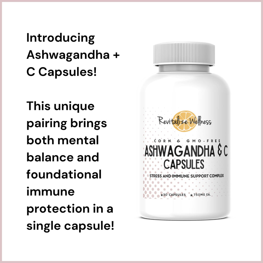Revitalize Wellness Ashwagandha + Vitamin C Capsules | Stress and Immune Support Complex | with 550 mg Ashwagandha and 200 mg Vitamin C per Serving | 30 Servings