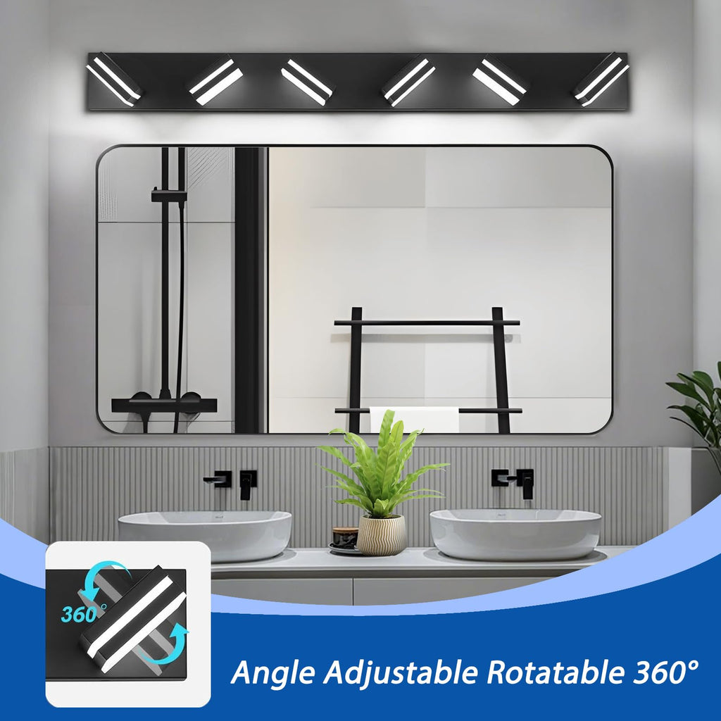 IZORRO LED Modern Bathroom Lights Fixtures(6-Light,Dimmable,360°Rotate),Matte Black Acrylic Wall Lighting,Vanity Lights for Bathroom Over Mirror - 6000k 36In （No Assembly Required）