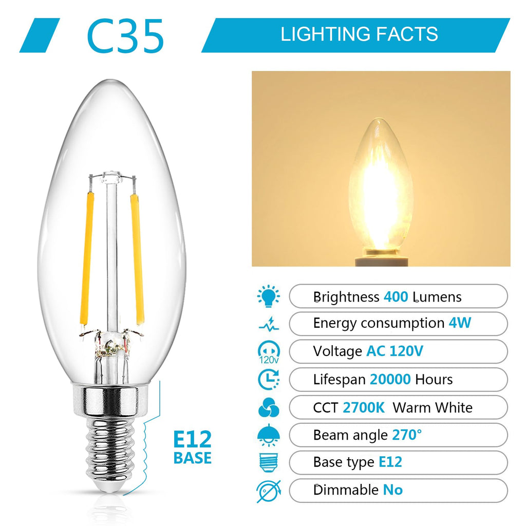 Ascher Classic E12 LED Candelabra Light Bulb 4W, Equivalent 40W, Warm White 2700K, Non-Dimmable, Clear Glass Filament Chandelier LED Bulbs, E12 Candelabra Base Candle Light Bulbs, Pack of 10
