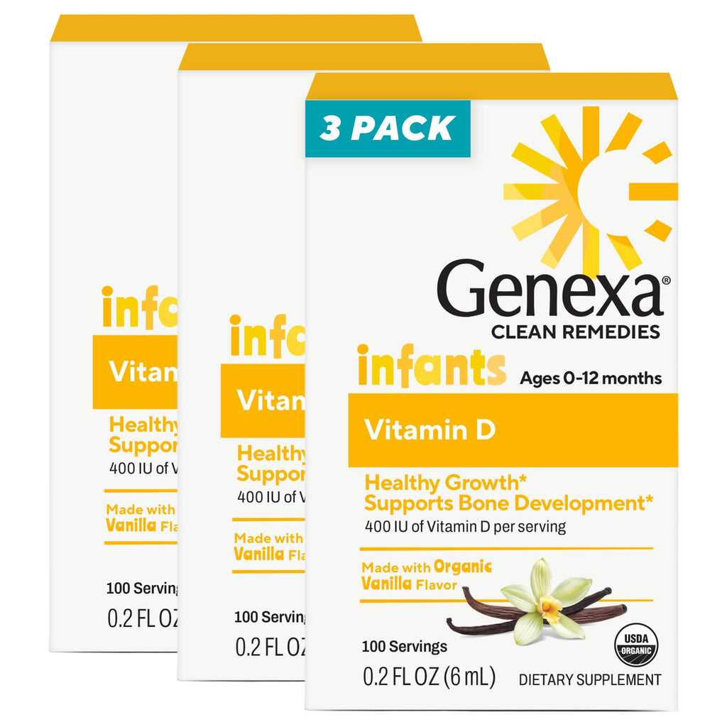 Genexa Infants Vitamin D Liquid Drops for Newborn, Baby & Toddler | Bone Development | Delicious Organic Vanilla Flavor | Certified Organic, Gluten Free, & Non-GMO | 270 Servings (3 Pack)