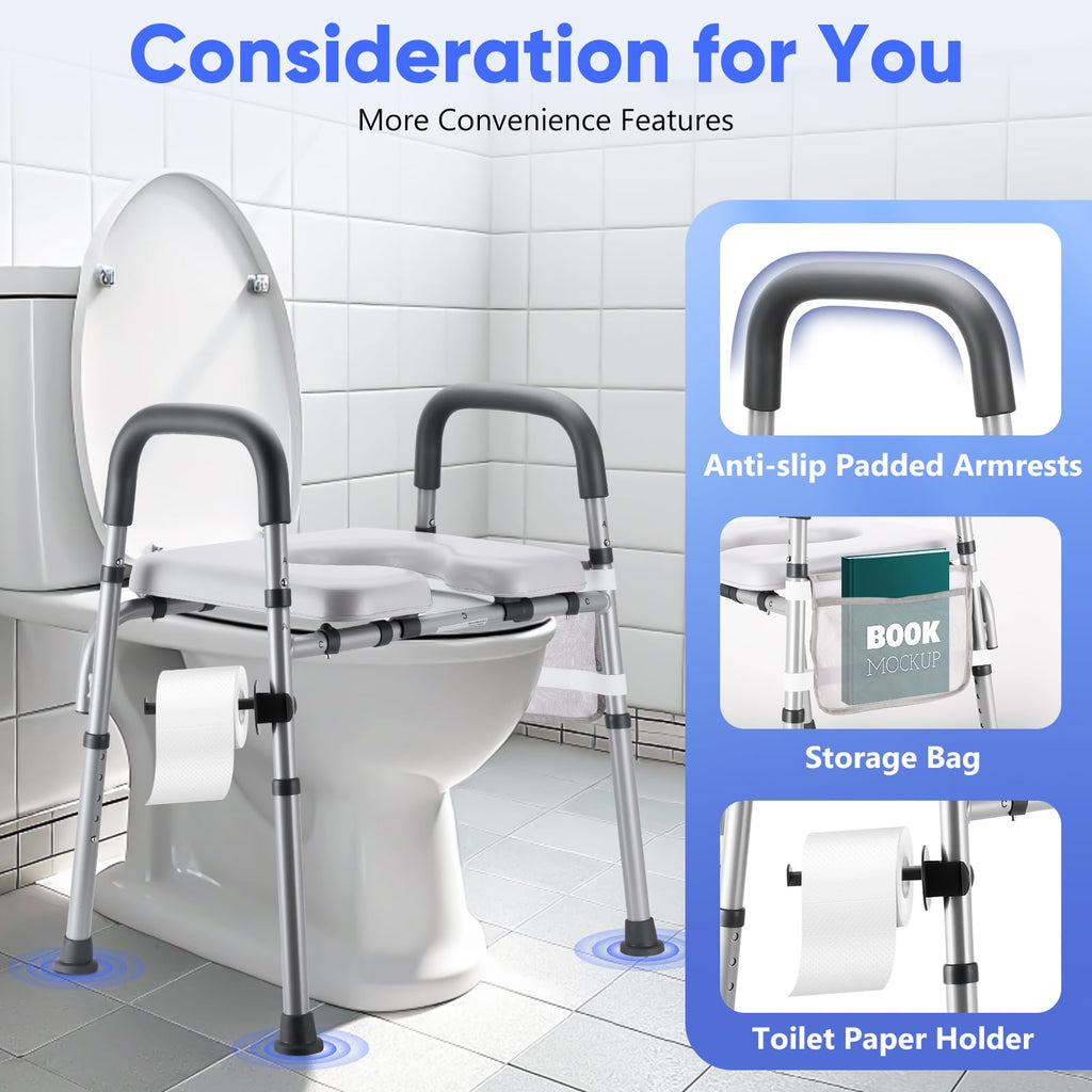 Raised Toilet Seat with Handles, Toilet Seat Riser for Seniors with Adjustable Height & Width, Cozy Padded 500lb Handicap Toilet Seat for Elderly, Surgery, Pregnant, Fit Any Toilet, Assist Getting Up