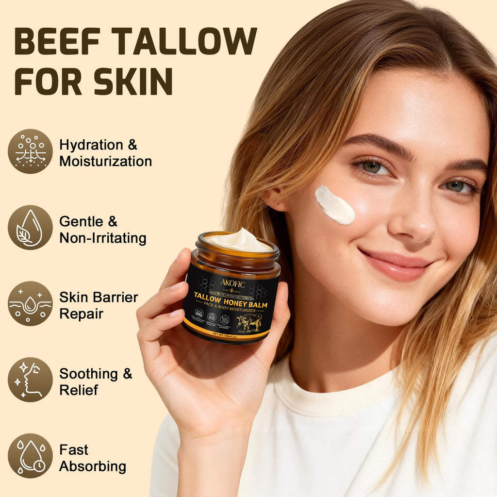 AKOFIC Beef Tallow for Skin, Tallow and Honey Balm, Organic Grass-Fed Beef Tallow for Face with Raw Honey and Beeswax, Body & Face Moisturizer for Dry/Sensitive Skin, Natural Formula, Light Scent