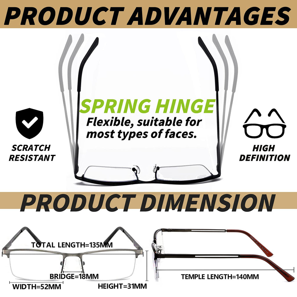 JJWELL 3 Pack Blue Light Reading Glasses for Men, Lightweight Metal Rectangle Semi Rimless Readers for Men, Anti Eyestrain/Computer Glare/UV, Half Frame Spring Hinge Eyeglasses with Pouches